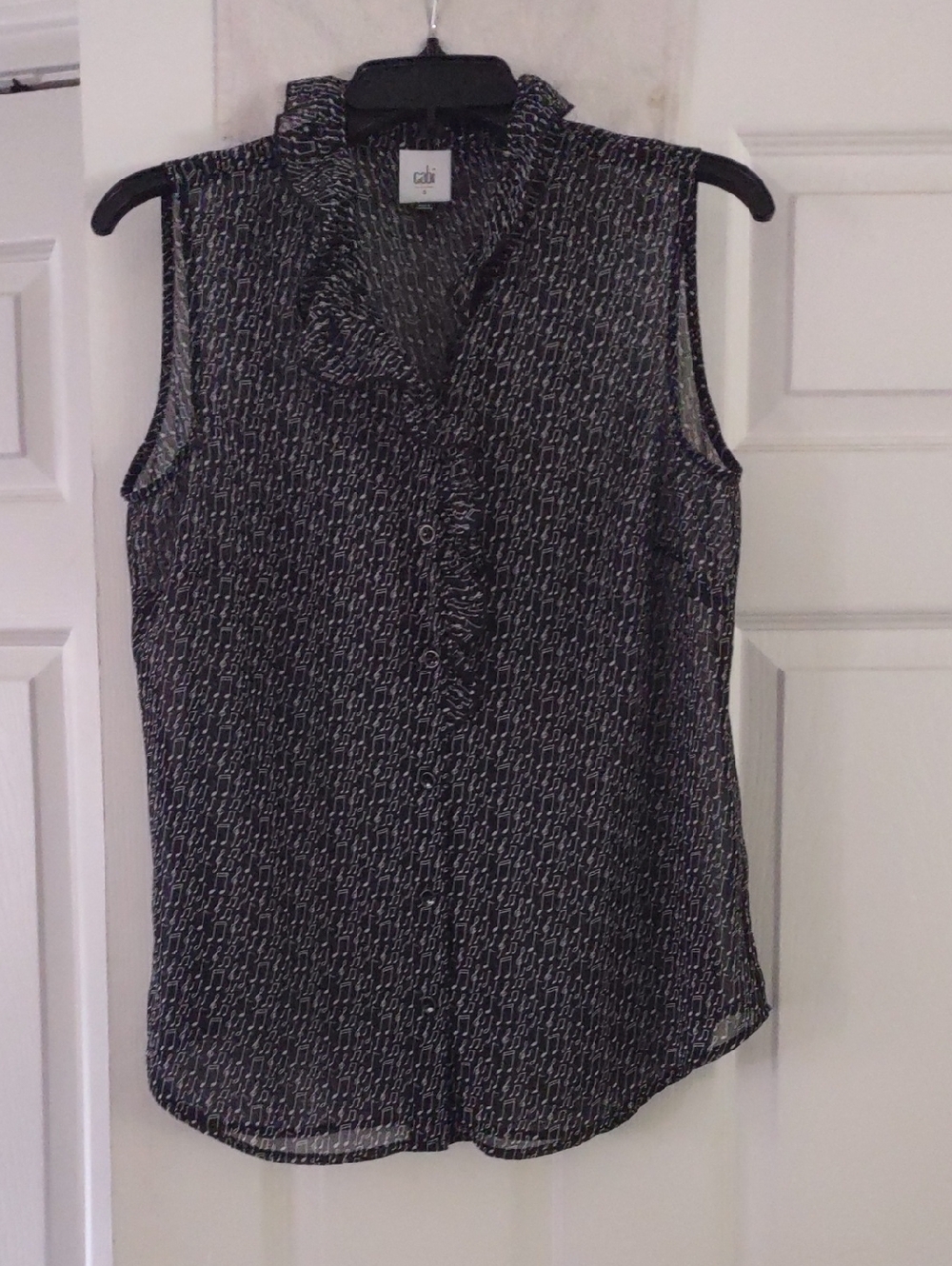 cabi Black & White Printed Musical Notes Ruffle-Trim Sleeveless Camisole Size Sm